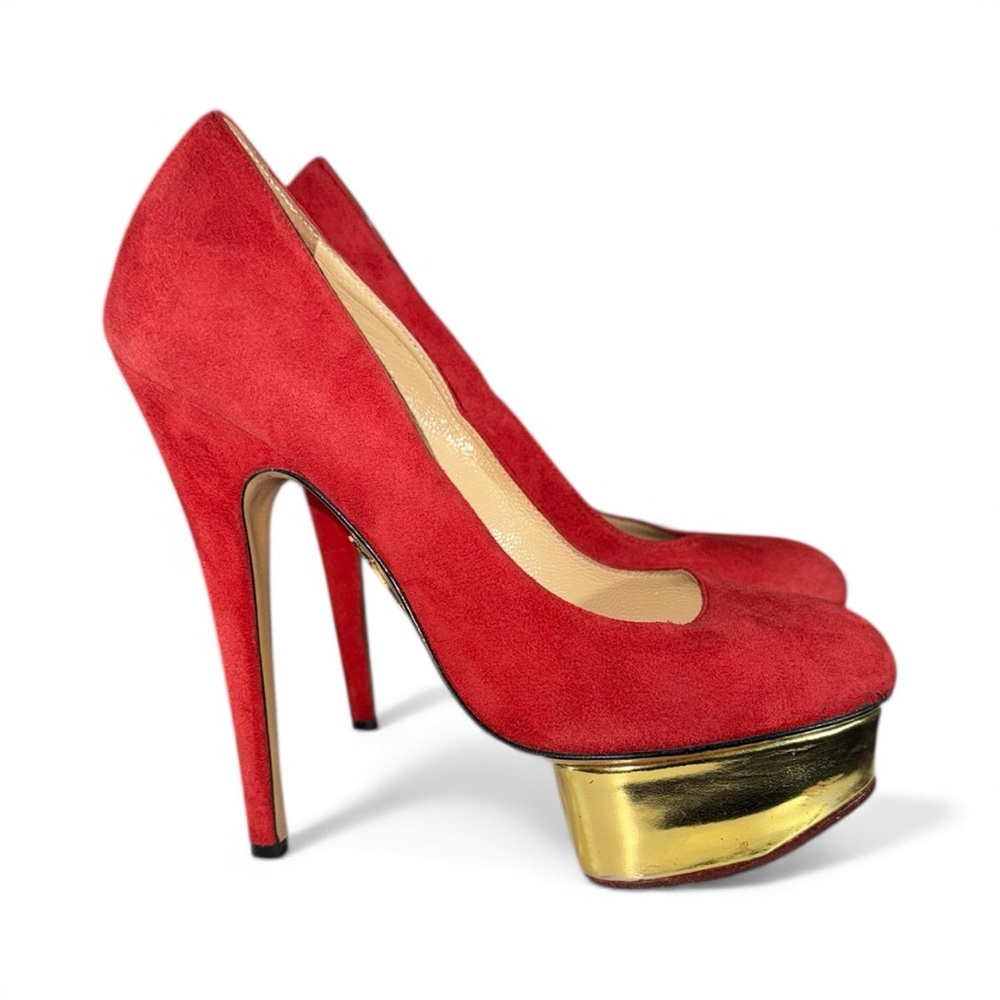 Charlotte Olympia Suede Red and Gold High Platform Heels. 5” heel. Very nice.